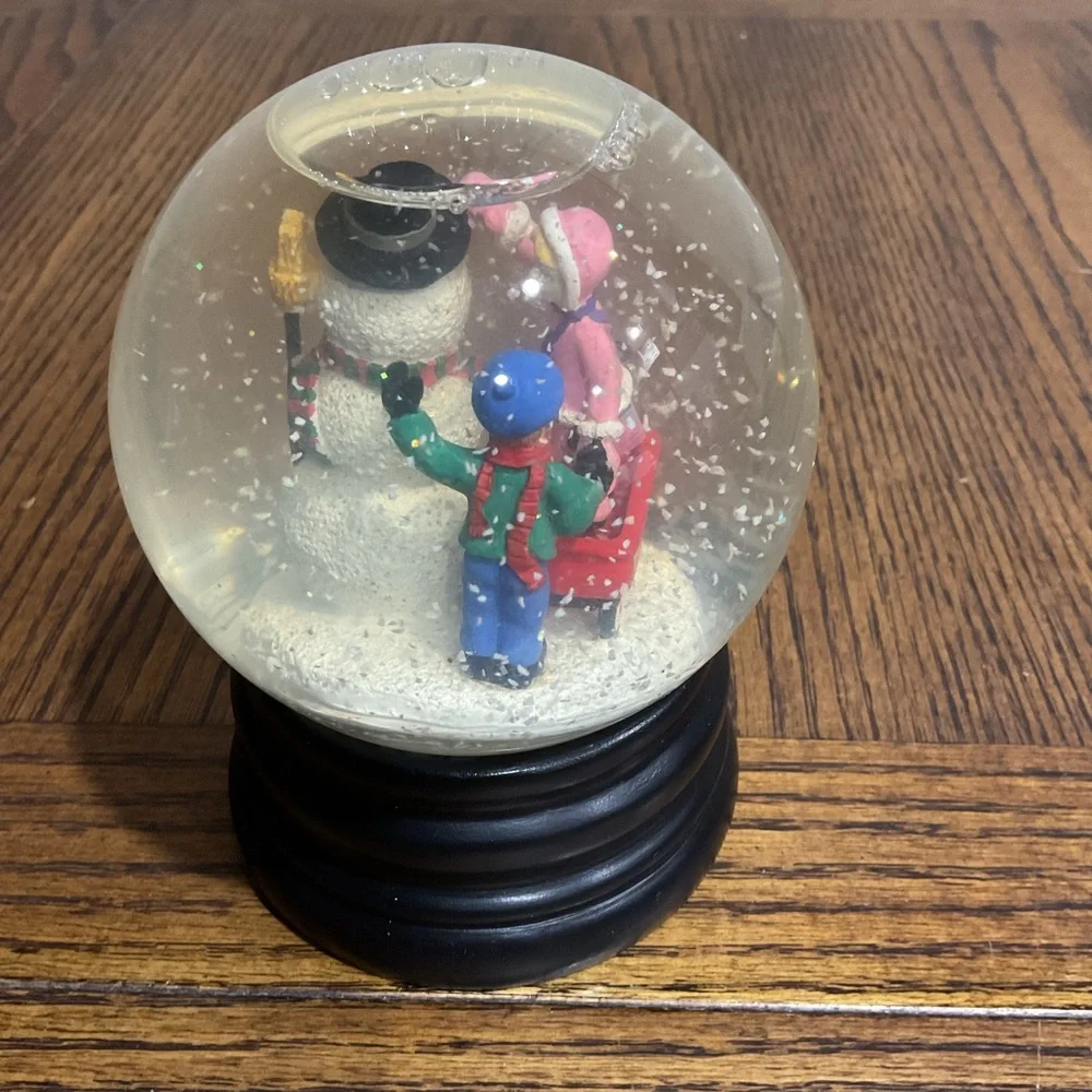 Festive Holiday Snow Globe with kids, wagon & snowman Black Base